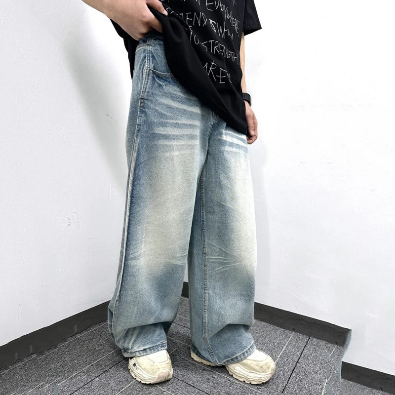 Men's Jeans Summer New American Style High Street Curved Knife Pleated Design Loose Denim Pants Male Trousers 9W1744