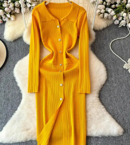 Autumn 2024 New Women's Solid Single Breasted Knitted Long Dress French Elegant Office Lady Long Sleeve Dress Simplicity Popular