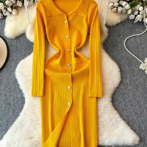 Load image into Gallery viewer, Autumn 2024 New Women's Solid Single Breasted Knitted Long Dress French Elegant Office Lady Long Sleeve Dress Simplicity Popular
