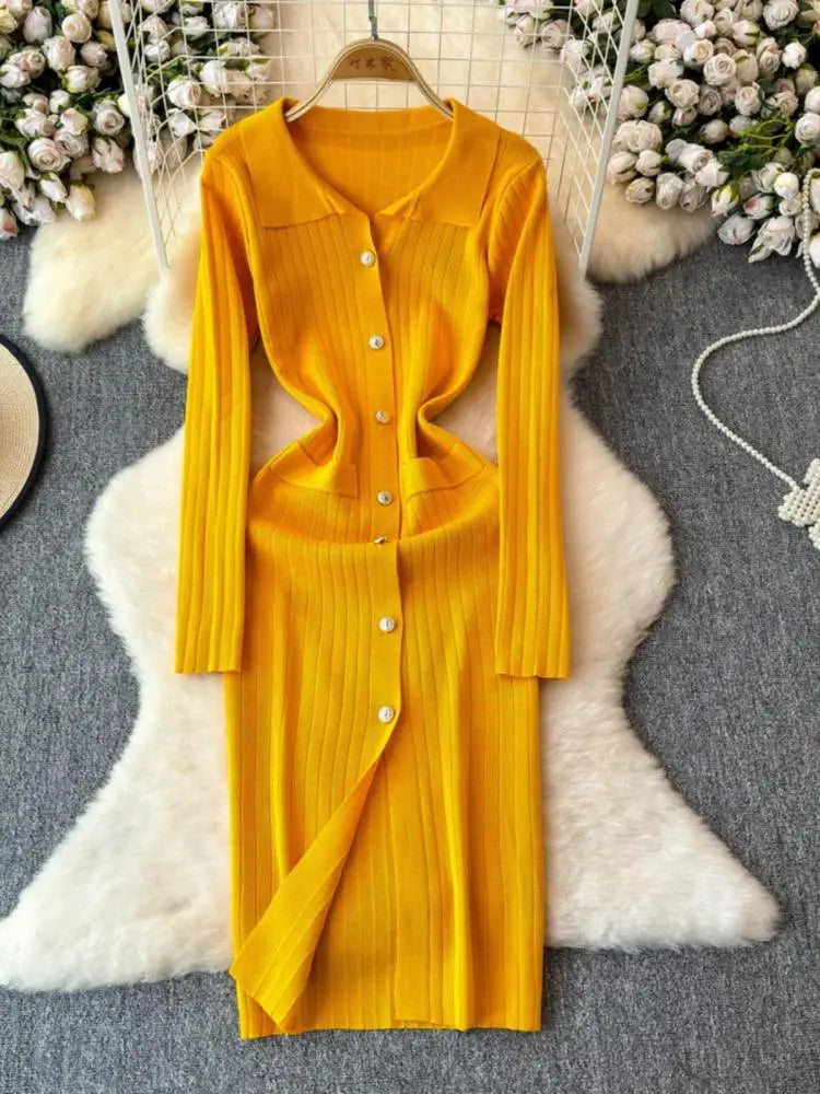 Autumn 2024 New Women's Solid Single Breasted Knitted Long Dress French Elegant Office Lady Long Sleeve Dress Simplicity Popular