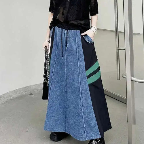 Load image into Gallery viewer, High Elastic Waist Apricot Striped Denim Color-block Half-body Skirt Women Fashion Tide New Spring Autumn 2025  1DH6462
