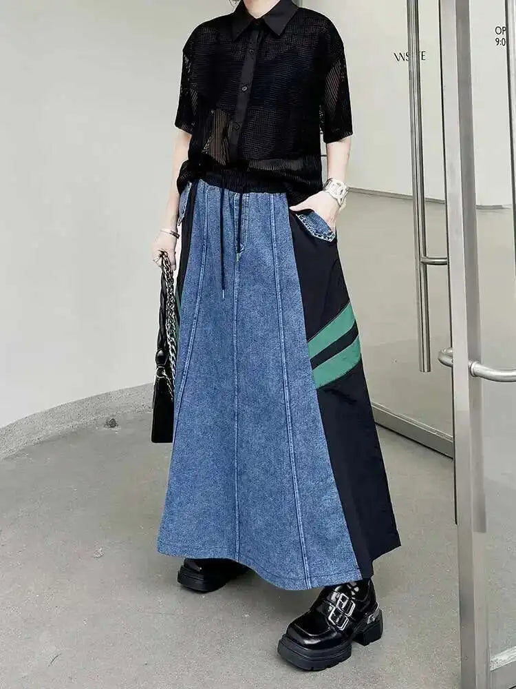 High Elastic Waist Apricot Striped Denim Color-block Half-body Skirt Women Fashion Tide New Spring Autumn 2025  1DH6462