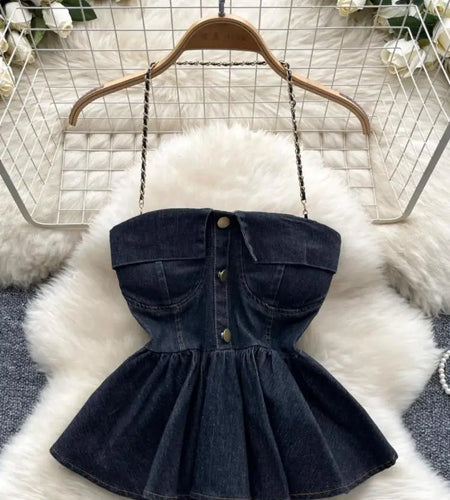 Women Blue Gray Sexy Club Vacation Denim Slim Short Halter Tops Summer Black Backless Ruffle Edge Party Jean Vest Streetwear New