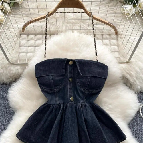 Load image into Gallery viewer, Women Blue Gray Sexy Club Vacation Denim Slim Short Halter Tops Summer Black Backless Ruffle Edge Party Jean Vest Streetwear New
