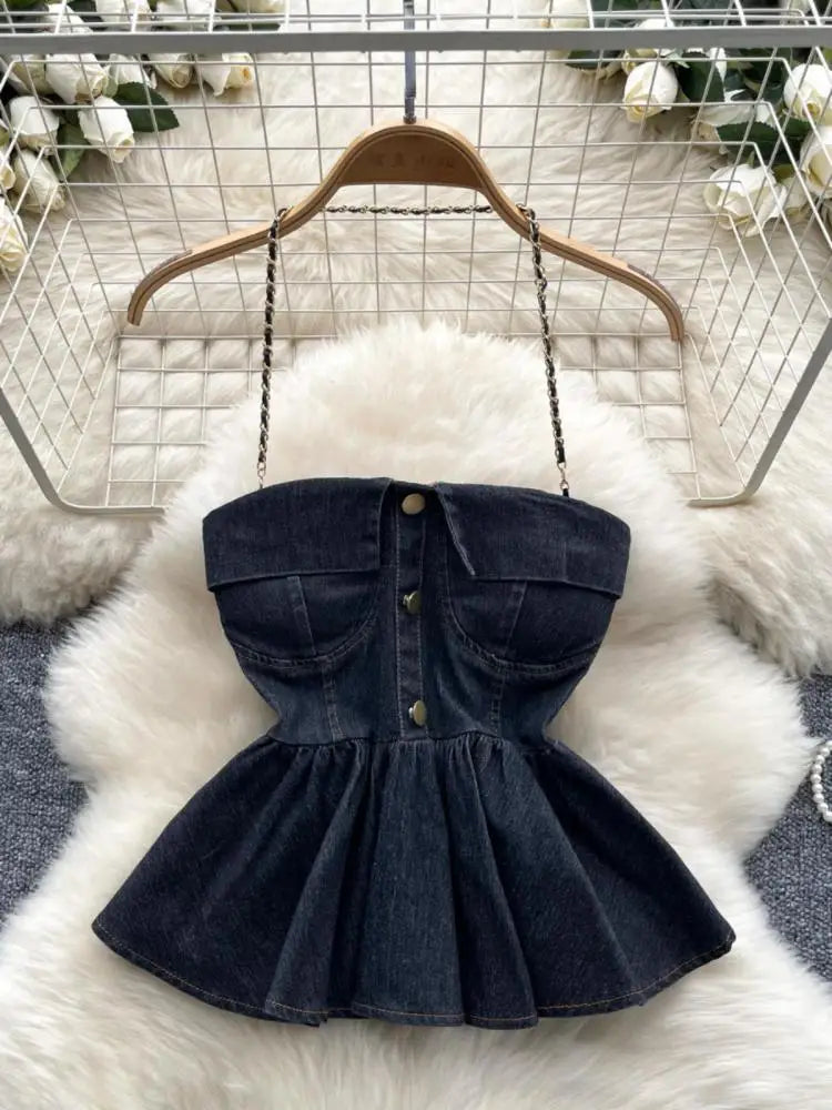 Women Blue Gray Sexy Club Vacation Denim Slim Short Halter Tops Summer Black Backless Ruffle Edge Party Jean Vest Streetwear New