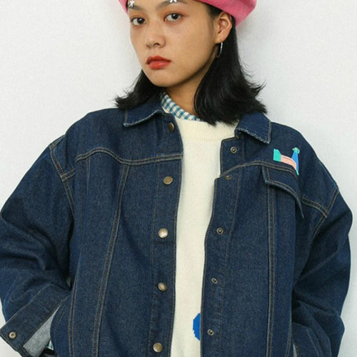 Load image into Gallery viewer, Blue Cartoon Embroidery Casual Women Denim Jackets AutumnVintage Long Sleeve Turndown Collar Ladies Outerwear Coat
