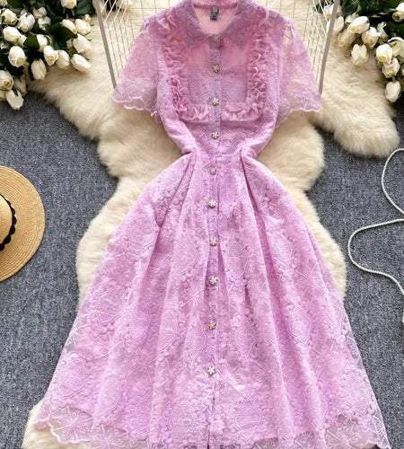 Summer French Retro Solid Elegant Lace Embroidery Single Breasted Temperament Long Dress Women Evening Party Princess Dress Chic