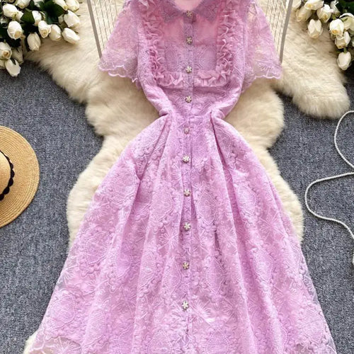 Load image into Gallery viewer, Summer French Retro Solid Elegant Lace Embroidery Single Breasted Temperament Long Dress Women Evening Party Princess Dress Chic
