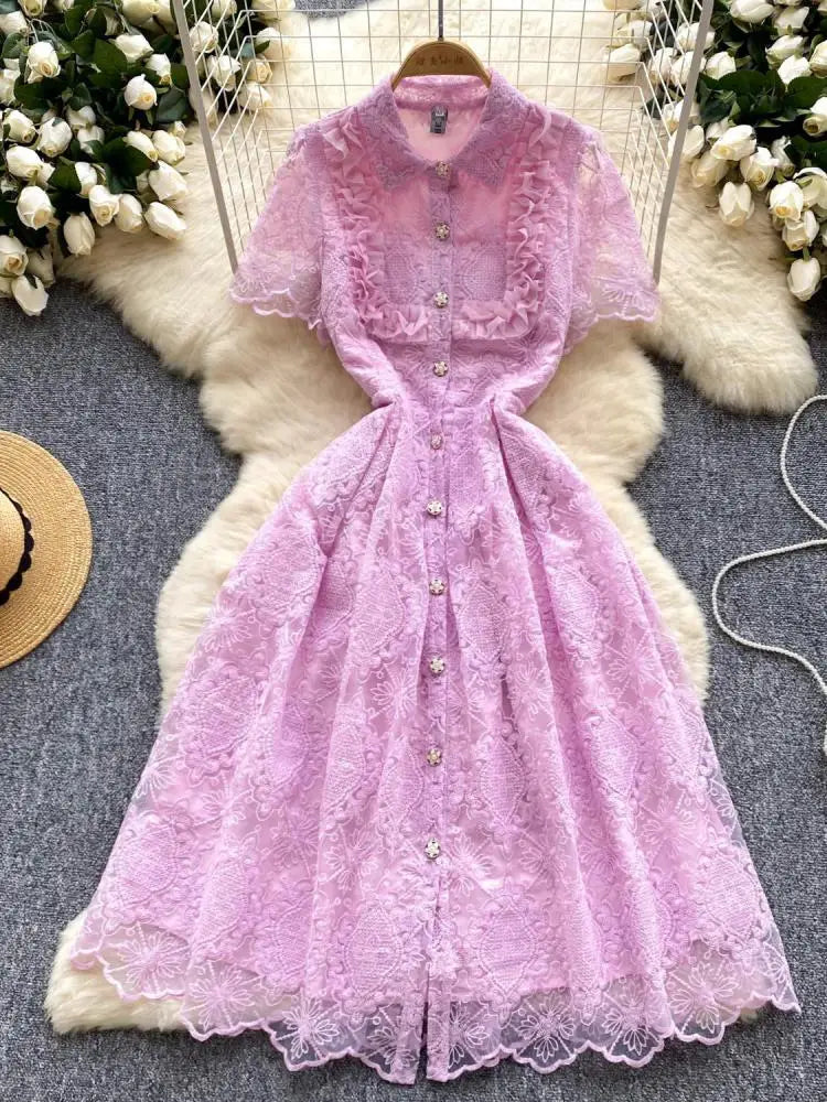 Summer French Retro Solid Elegant Lace Embroidery Single Breasted Temperament Long Dress Women Evening Party Princess Dress Chic