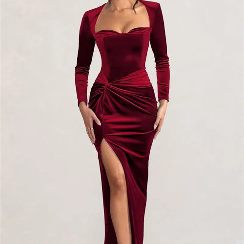 Load image into Gallery viewer, Square Collar Long Sleeve Sexy Maxi Dress For Women Velvet Fashion Ruched Split Bodycon Club Party Elegant Long Dress
