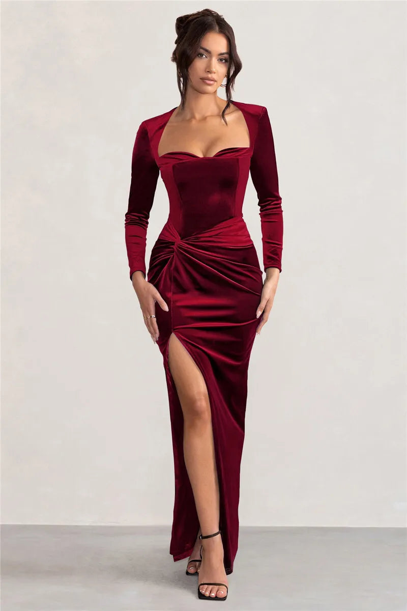 Square Collar Long Sleeve Sexy Maxi Dress For Women Velvet Fashion Ruched Split Bodycon Club Party Elegant Long Dress