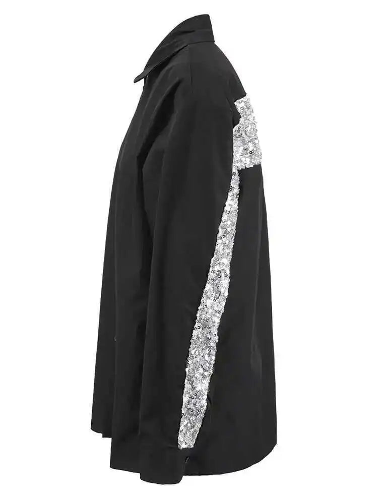 Women Black Back Sequins Big Size Casual Blouse New Lapel Long Sleeve Shirt Fashion Tide Spring Autumn 2025 CPG1444