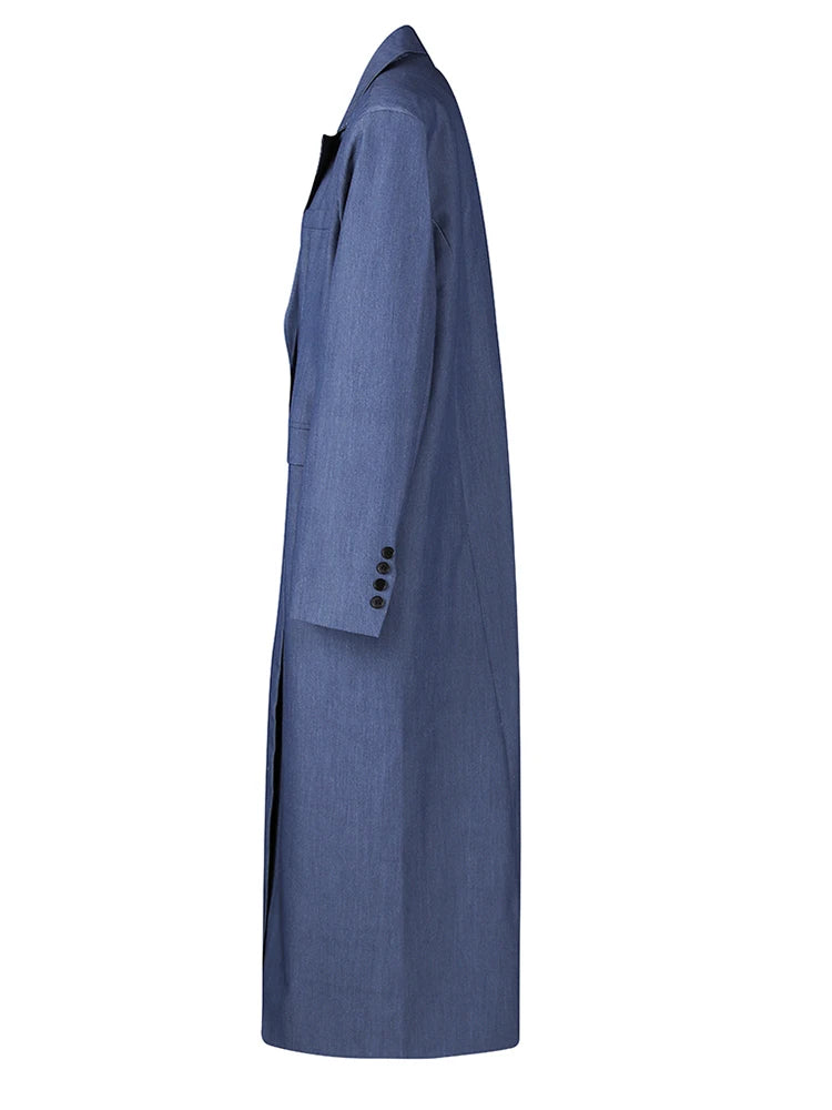 Women Blue Khaki Brief Long Big Size Elegant Blazer New Lapel Long Sleeve Jacket Fashion Tide Spring Autumn 2025 1LD2085