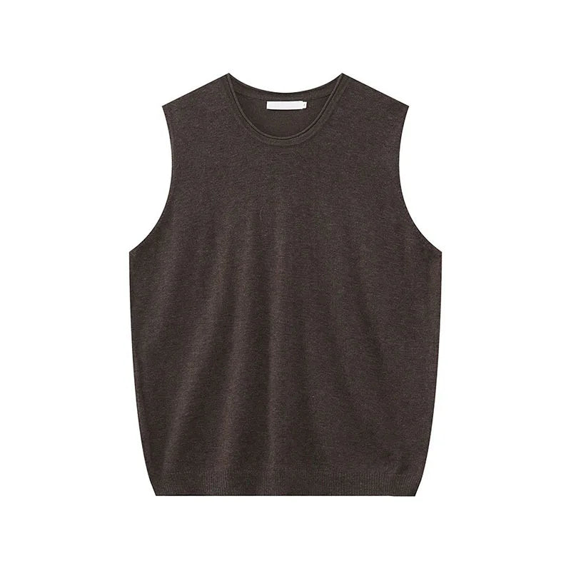 Men's Vest New Summer Korean Round Neck Design Solid Color Loose Sleeveless T-shirt Knitted Casual Male Top Trend 9W1592