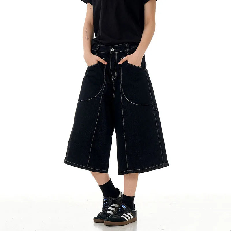 High Street American Style Cropped Jeans Summer Patchwork Handsome Straight Wide Leg Design Shorts Solid Color 9W1714