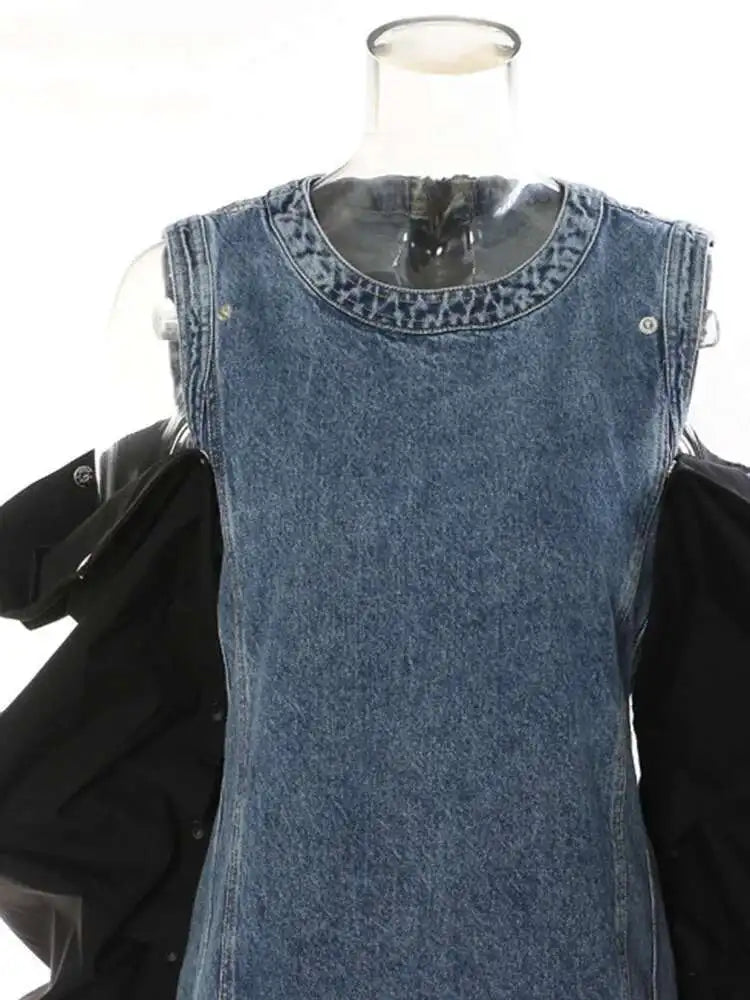 Women Blue Denim Button Many Ways Wear Dress New Round Neck Long Sleeve Loose Fit Fashion Tide Spring Autumn 2025 17A8518