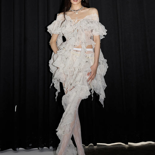 Load image into Gallery viewer, High Waist Beige Printed Irregular Ruffles Elegant Half-body Skirt Women Fashion Tide New Spring Summer 2025 1DJ1455
