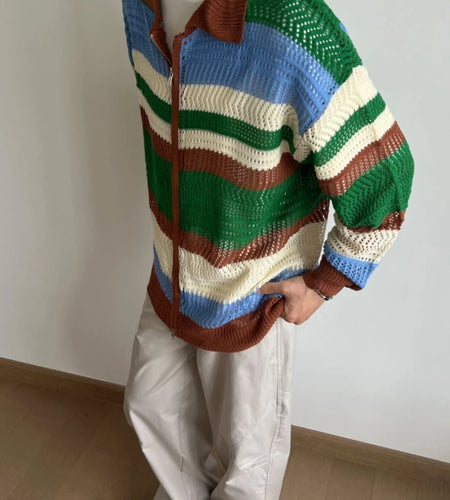 2025 Contrast Color Striped Dual Zippers Cardigan Japanese Hollow Out Men and Women Jackets Y2k Aesthetic Streetwear Women Tops