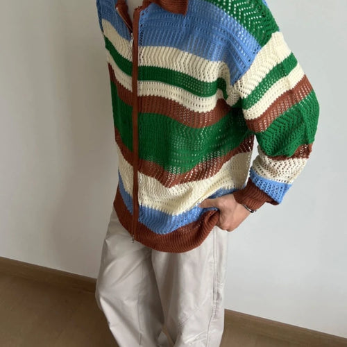 Load image into Gallery viewer, 2025 Contrast Color Striped Dual Zippers Cardigan Japanese Hollow Out Men and Women Jackets Y2k Aesthetic Streetwear Women Tops
