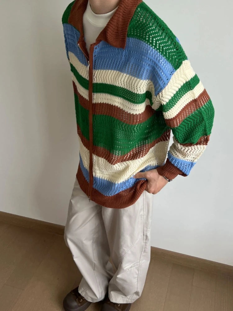 2025 Contrast Color Striped Dual Zippers Cardigan Japanese Hollow Out Men and Women Jackets Y2k Aesthetic Streetwear Women Tops
