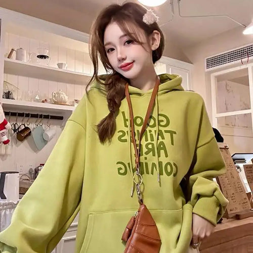 Load image into Gallery viewer, Autumn Winter 2025 Pink Green Letter Printed Elegant Pullover Fashion Short Hooded Sweatshirt Women Grey Long Sleeve Tops Trendy
