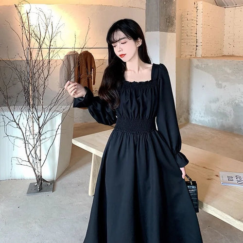 Load image into Gallery viewer, Vintage Black Dress Women French Elegant Square Collar Long Sleeve Midi Dress Autumn Ladies Retro Clothes Chic Korean
