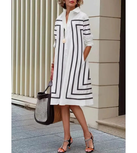 Women Autumn Shirt Dress Cotton-Blended Loose Striped H-line Lapel 2024 New Office Ladies Long Sleeve Midi Dresses