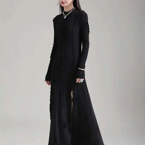 Load image into Gallery viewer, Women Black Flower Elegant Slit Long Dress New Turtleneck Long Sleeve Loose Fit Fashion Tide Spring Autumn 2025 1DH1870
