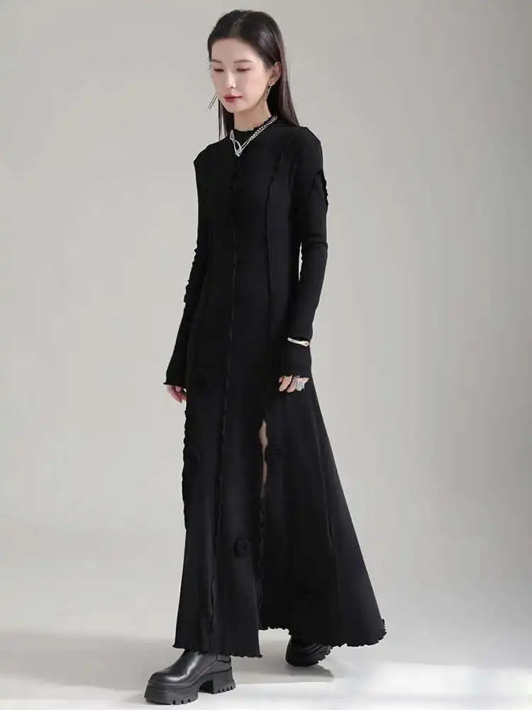 Women Black Flower Elegant Slit Long Dress New Turtleneck Long Sleeve Loose Fit Fashion Tide Spring Autumn 2025 1DH1870