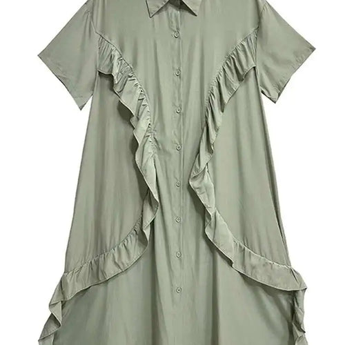 Load image into Gallery viewer, Women Green Irregular Ruffles Big Size Midi Shirt Dress New Lapel Short Sleeve Fashion Tide Spring Summer 2025 1DH6080
