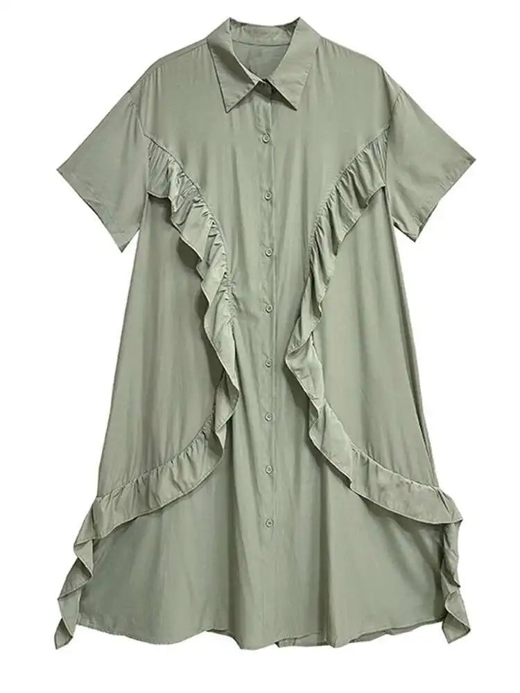 Women Green Irregular Ruffles Big Size Midi Shirt Dress New Lapel Short Sleeve Fashion Tide Spring Summer 2025 1DH6080