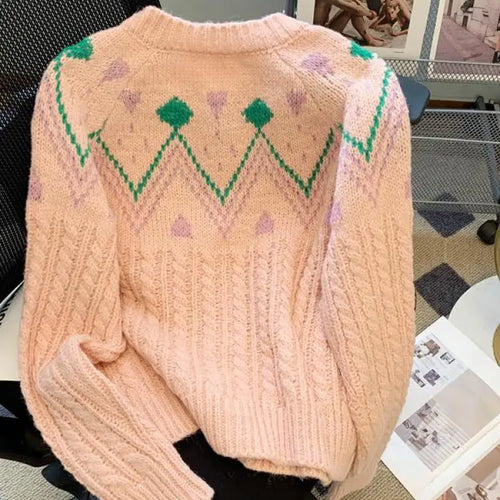 Load image into Gallery viewer, Autumn Winter Vintage White Patchwork Cardigan Sweater Women Korean Pink Single-breasted Long Sleeved Elegant Knitted Tops Thick
