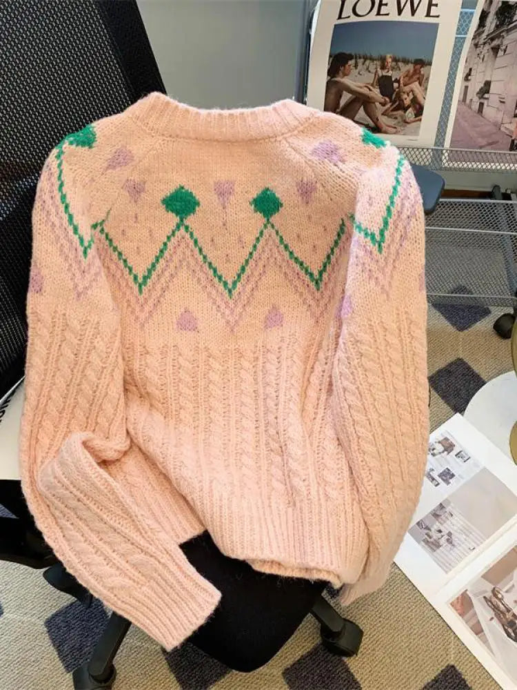 Autumn Winter Vintage White Patchwork Cardigan Sweater Women Korean Pink Single-breasted Long Sleeved Elegant Knitted Tops Thick