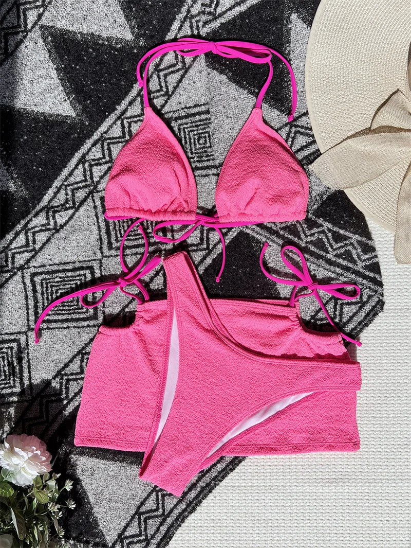 Halter Bikini Solid Female Swimsuit Women Swimwear Three-pieces Bikini Set With Skirt Bandage Bathing Suit