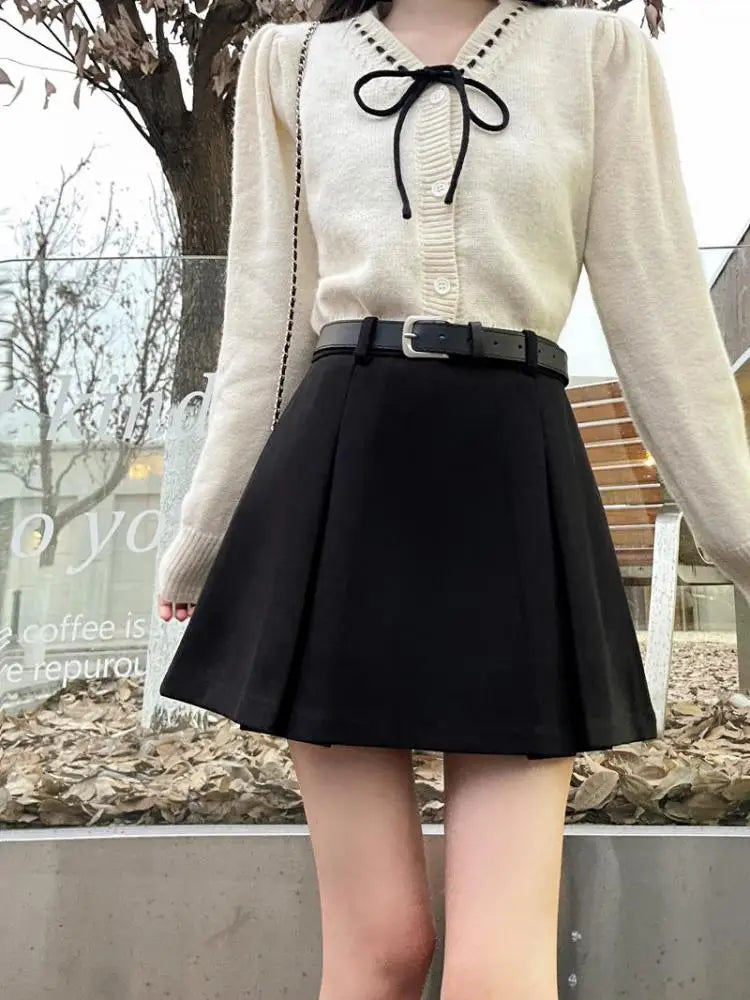 Black Party Woolen Mini Skirt Women Autumn Winter Brown A Line Wrap Hip Short Skirts Korean Fashion Harajuku Thick Pleated Skirt