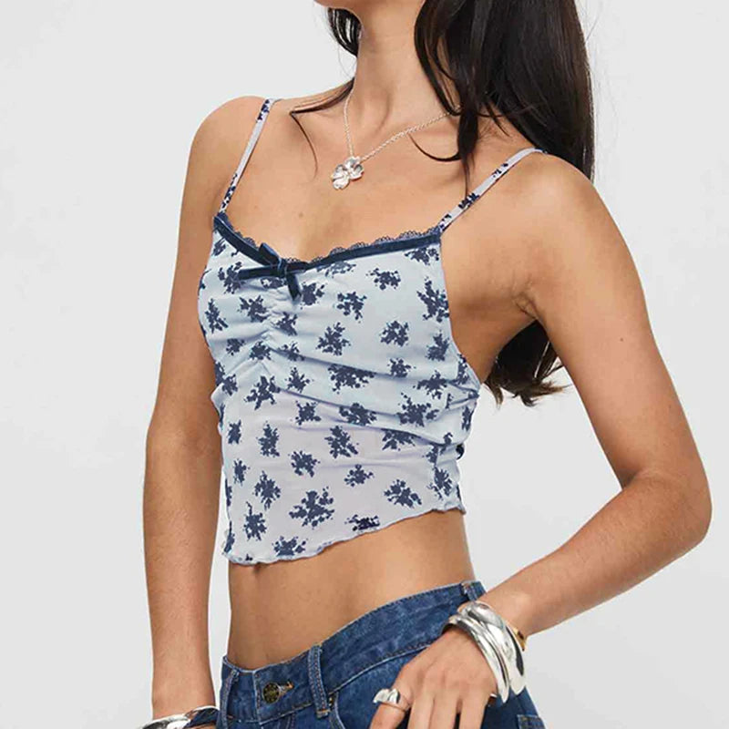 Fashion Printed Sexy Mesh Top Camisole Lace Trim Bow Transparent Slim Folds Summer Cropped Top Female Y2K Clothes New