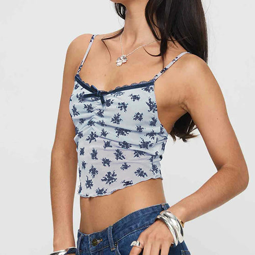 Load image into Gallery viewer, Fashion Printed Sexy Mesh Top Camisole Lace Trim Bow Transparent Slim Folds Summer Cropped Top Female Y2K Clothes New
