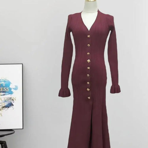 Load image into Gallery viewer, Korean Fashion Women's Black Beige Long Sleeve V Neck Knitted Dress 2024 Autumn Winter New Red Single Breasted Fishtail Dresses
