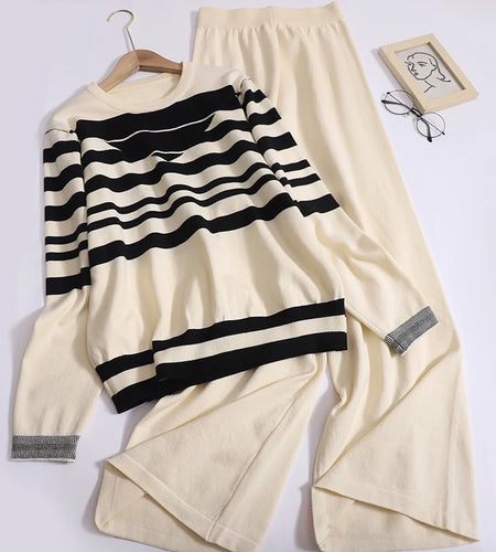Women New Two Pieces Suit Autumn Striped Patchwork Long Sleeved Round Neck Pullover Tops + High Waist Straight Wide Leg Pant Set