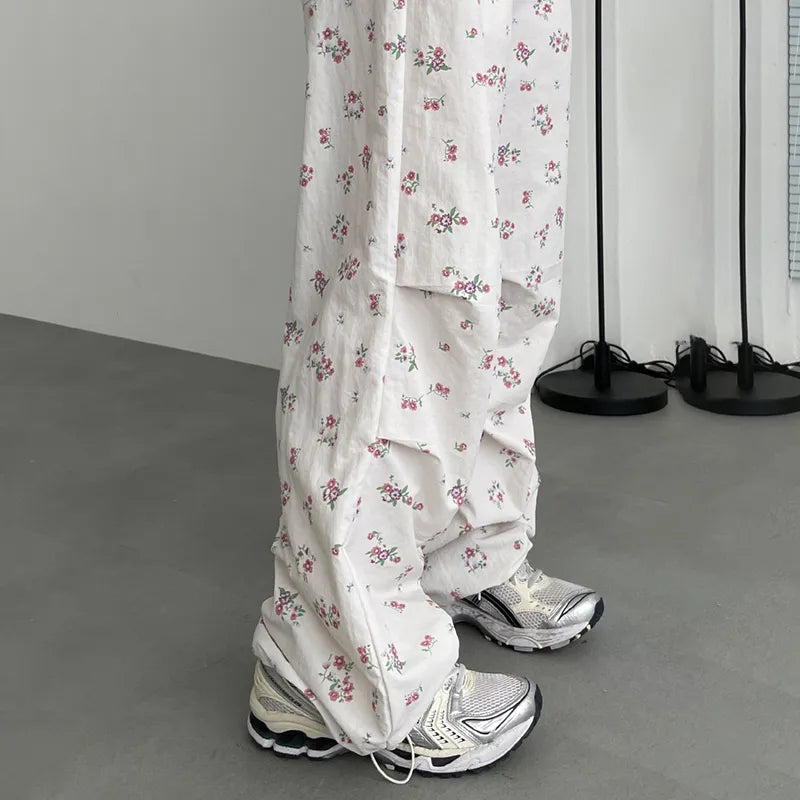 Harajuku Small Flowers Printed Women Trousers Korean Fashion Drawstring Sweatpants Cute Japanese Y2K Draped Pants New