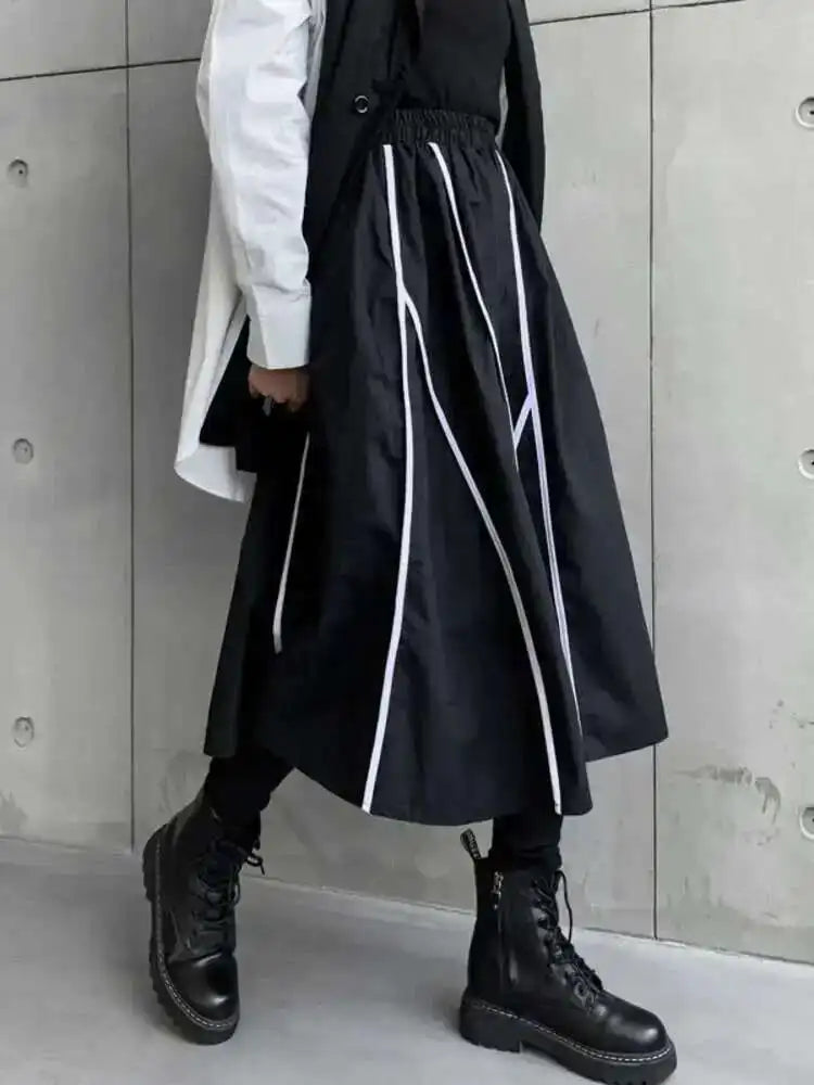 High Elastic Waist Black Liem Spliced Casual Long Half-body Skirt Women Fashion Tide New Spring Autumn 2025 1DE1829