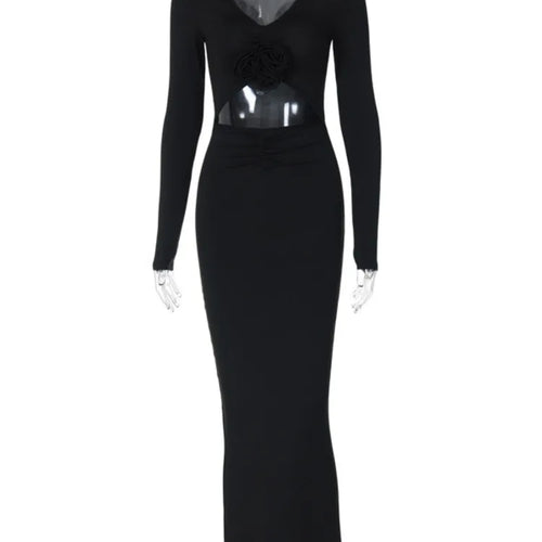 Load image into Gallery viewer, Elegant Flower Hollow Out Midi Dress For Women Black V Neck Long Sleeve Bodycon Sexy Dress Female Skinny Party Dress
