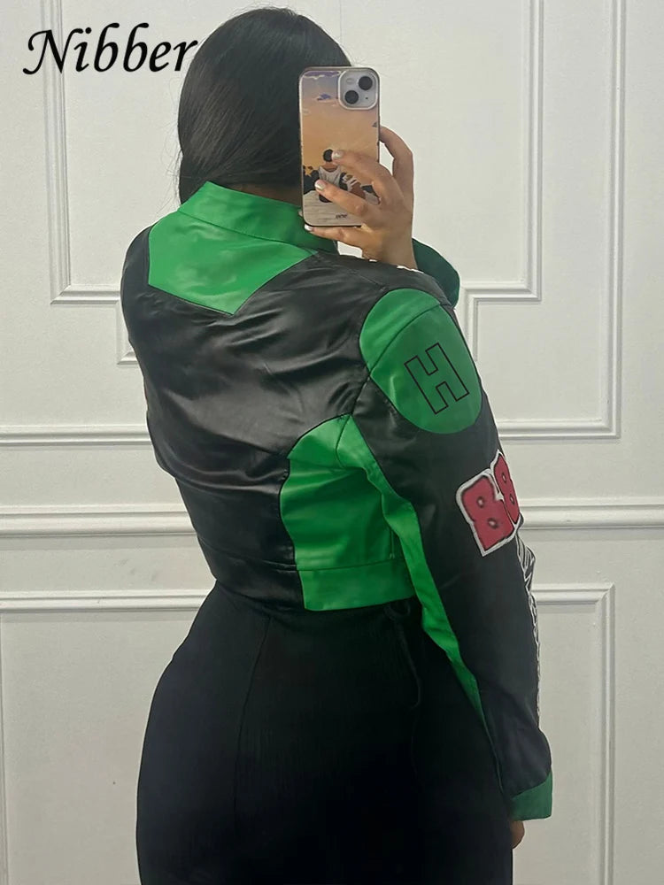 Hipster Patchwork Jacket Women Y2K Letter Print Hipster Uniform Street Single-Breasted Hipster Autumn Trend Zip Coats