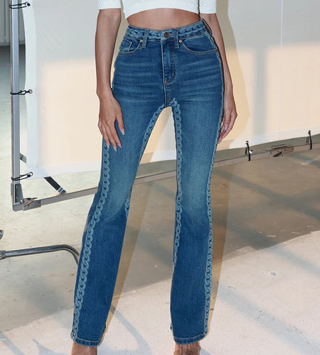 Patchwork Colorblock Denim Flare Pants For Women High Waist Slim Sexy Trousers Female Skinny Clothing Fashion