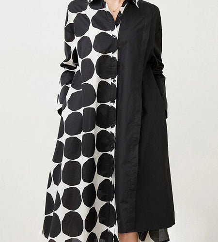 Women Black Dot Printed Big Size Knee-length Shirt Dress New Lapel Long Sleeve Fashion Tide Spring Autumn 2025 1DJ1505