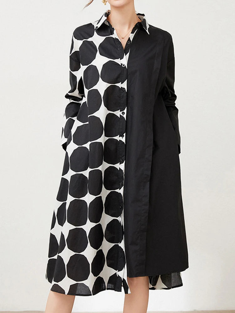 Women Black Dot Printed Big Size Knee-length Shirt Dress New Lapel Long Sleeve Fashion Tide Spring Autumn 2025 1DJ1505