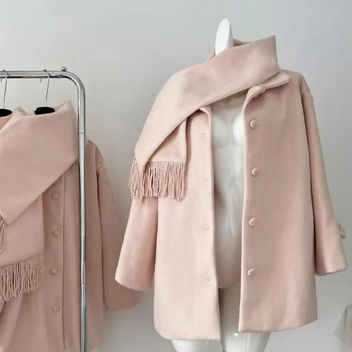 Load image into Gallery viewer, Korean Fashion Sweet Pink Single Breasted Loose Short Woolen Coat Women 2024 Autumn Winter Casual Scarf Jacket Streetwear Simple
