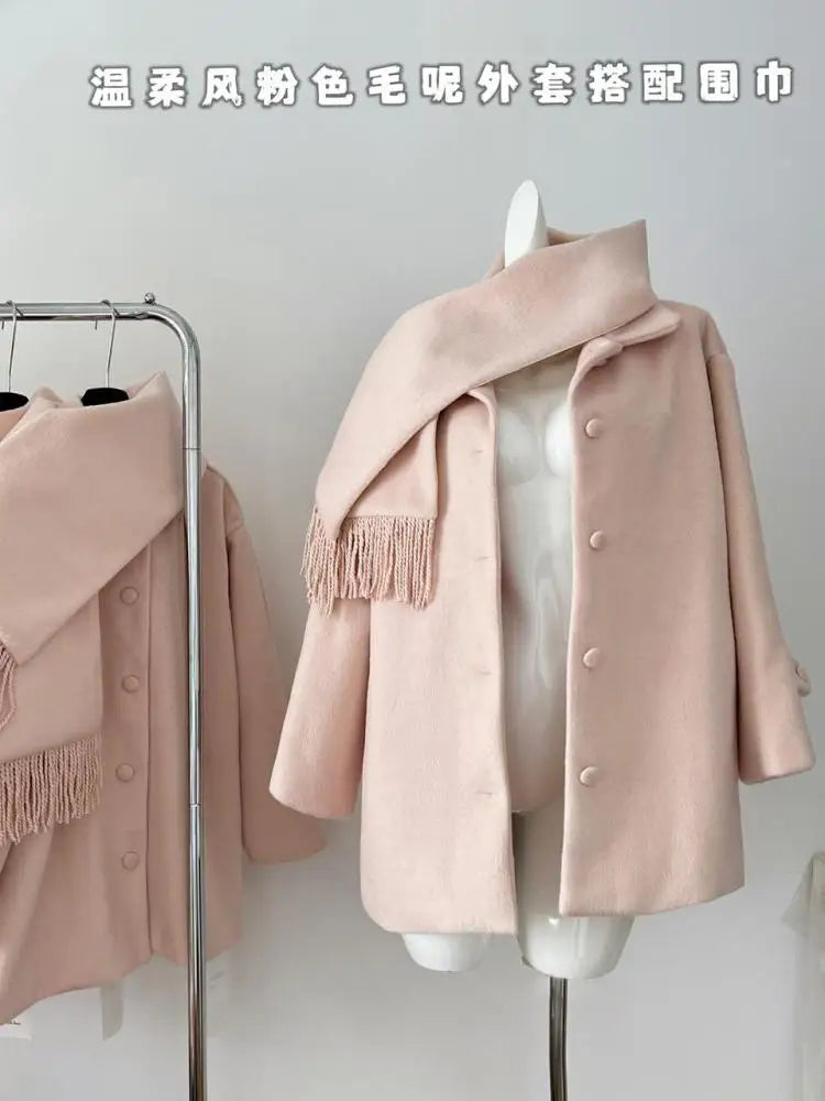 Korean Fashion Sweet Pink Single Breasted Loose Short Woolen Coat Women 2024 Autumn Winter Casual Scarf Jacket Streetwear Simple