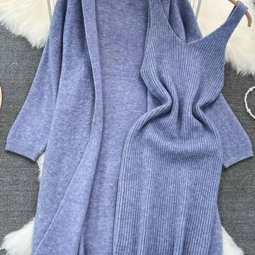 Load image into Gallery viewer, Autumn Thick Warm Solid Knitted Suit 2023 Stripe V Neck Vest Dress+ Loose Long Cardigans Sweater Home Wear Casual Two Pieces Set
