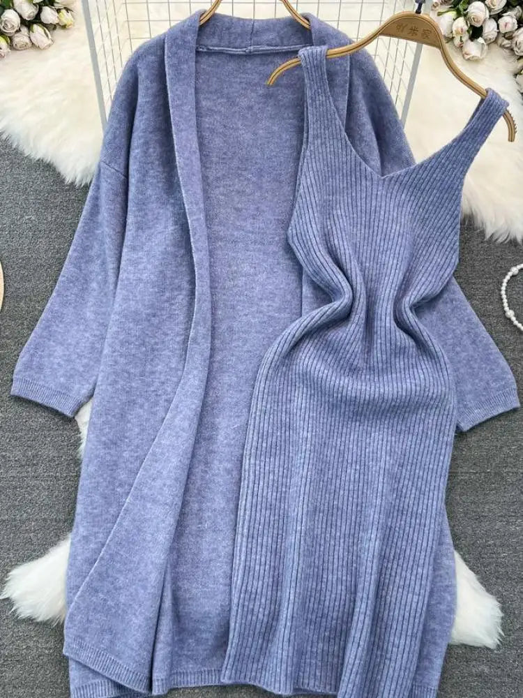 Autumn Thick Warm Solid Knitted Suit 2023 Stripe V Neck Vest Dress+ Loose Long Cardigans Sweater Home Wear Casual Two Pieces Set
